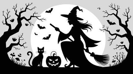 Enchanting witch silhouette with black cat and pumpkin, perfect for Halloween designs, spooky season promotions, and magical themed events originally as scalable vector graphic