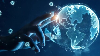 human hand interacts with glowing digital globe surrounded by numerous viral particle representations The scene depicts global health challenges and interconnectedness in tech-driven world - Powered by Adobe