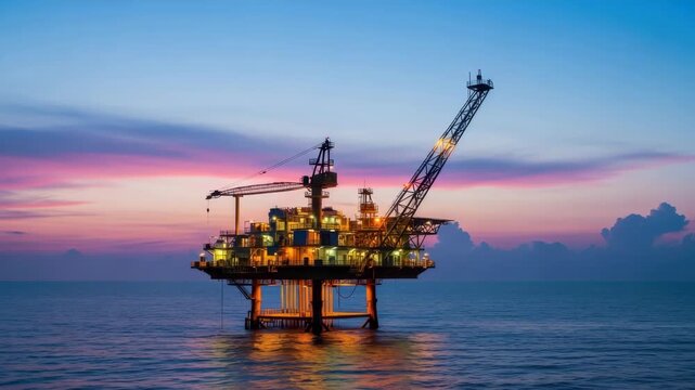 illuminated offshore platform glows in the vast ocean at twilight Warm lights from its multi-level structure with large cranes and equipment reflect on calm dark blue water under vibrant pink purple a