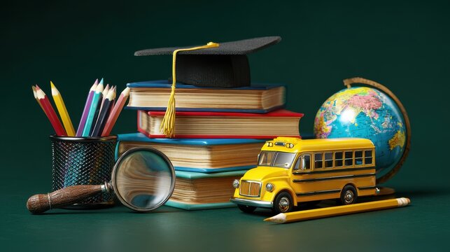 School Bus Graduation Cap Globe and Pencils Arrangement Keywords: education, learning, school