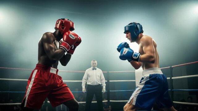 Two boxers one in red and one in blue headgear/shorts intensely exchange blows in brightly lit ring A referee observes them closely surrounded by hazy arena lights and ropes