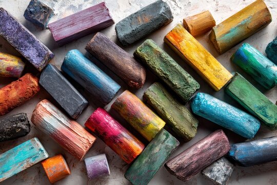 Assortment of vibrant oil pastels on textured art paper