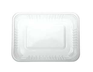 Top-down view of an empty, clear, rectangular food container with textured edges