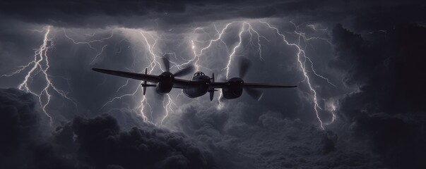 Silhouette of a twin-engine aircraft against a sky filled with lightning