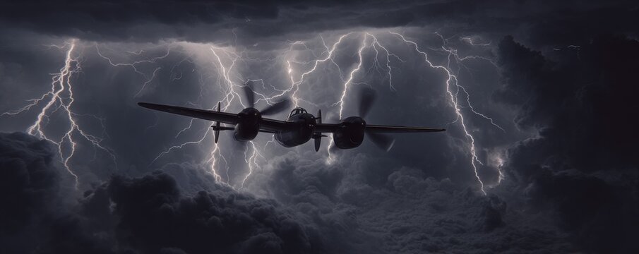 Silhouette of a twin-engine aircraft against a sky filled with lightning