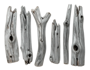 Seven weathered, grey wooden pieces with various shapes and textures