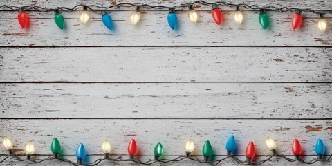 Colorful christmas lights frame a rustic white wooden background with space for text