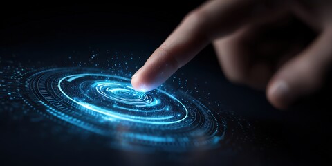 Futuristic digital interface with touch interaction showcasing advanced technology, hologram effects, and modern design for innovative communication and data visualization