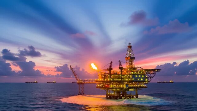 illuminated offshore drilling platform with burning flare dominates vivid sunset seascape The sky showcases blue purple and orange streaks reflecting on the ocean Several ships are distant