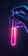 Futuristic laboratory science scene featuring neon glowing test tube held by gloved hand with vibrant colors and advanced research equipment for scientific innovation