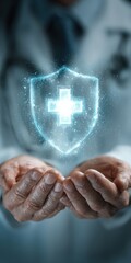 Advanced healthcare technology showcasing digital health protection, medical shield, hospital safety, health innovation, security system, emergency support, patient care, and modern medical solutions