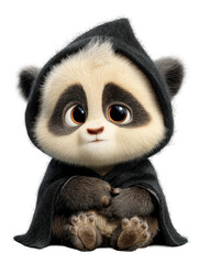 Fototapeta premium Sad cartoon panda bear wearing a sparkly black hood and cape, isolated on transparent background