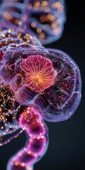 Vibrant jellyfish in deep-sea environment showcasing bioluminescence, translucent tentacles, glowing colors, and mesmerizing marine life in stunning underwater scene