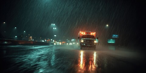Professional nighttime rainstorm with emergency vehicle on wet highway, illuminated headlights, urban street scene, weather hazard, and safety measures in darkness