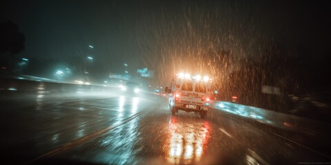Nighttime rainy weather scene with wet road, vehicle headlights, urban traffic, reflective surfaces, stormy sky, and safety considerations for drivers