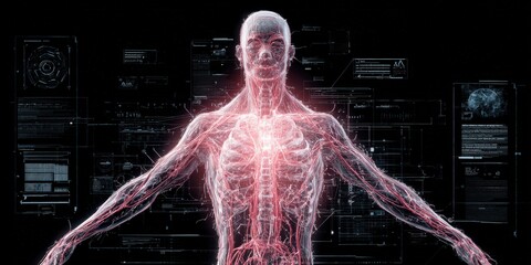 Futuristic digital illustration of human anatomy highlighting nervous system for medical research, healthcare innovation, and educational purposes in high-resolution science visualization