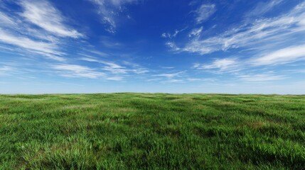 Obraz premium Vast green grass field under a bright blue sky with wispy clouds
