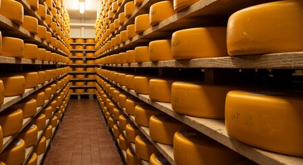 Long shot of rows and rows of aging, large yellow cheese wheels stacked on wooden shelves in a dark industrial cheese cellar or warehous