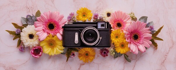 Vintage camera surrounded by colorful gerbera daisies and eucalyptus