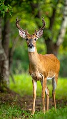 Naklejka premium A young buck with velvet antlers stands in a lush, green forest