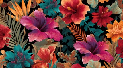 Vivid Tropical Flower Pattern on Black Background floral