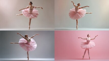 Four ballet dancer shots in elegant poses, each in pink tutu & pointe shoes, various lighting, studio background