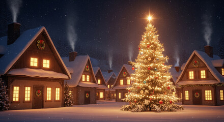 Fototapeta premium Christmas Tree in Snowy Village