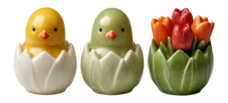 Colorful Decorative Easter Figurines with Tulips and Chicks on White Background