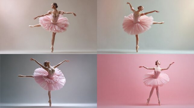 Four ballet dancer shots in elegant poses, each in pink tutu & pointe shoes, various lighting, studio background