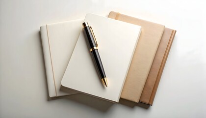 Elegant Fountain Pen on Stacked Plain Notebooks Flat Lay