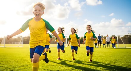 Obraz premium Children Running Cheerfully on a Soccer Field in Uniforms Celebrating Game Win, Happiness