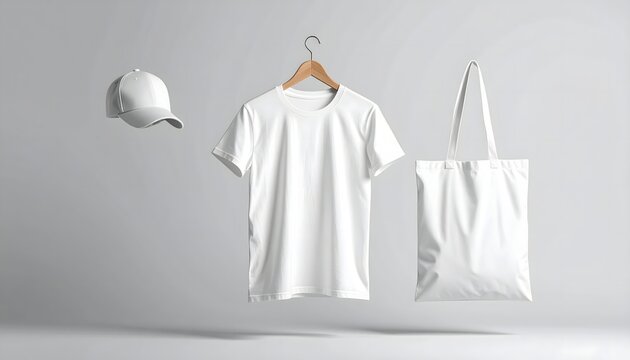 Apparel branding mockup featuring a plain white t-shirt, cap, and tote bag
