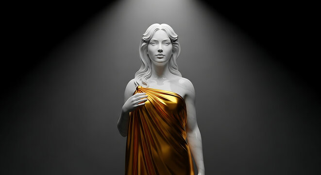 A classical white marble statue of a woman draped in shimmering gold fabric, illuminated by a dramatic spotlight against a dark background.