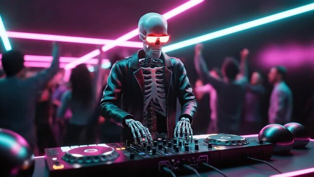 A skeleton DJ wearing a leather jacket spins Halloween tunes on a controller in a neon-lit nightclub with a lively crowd.