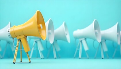 Yellow megaphone in a lineup of white ones, highlighting themes of creativity and innovation for World Creativity Day