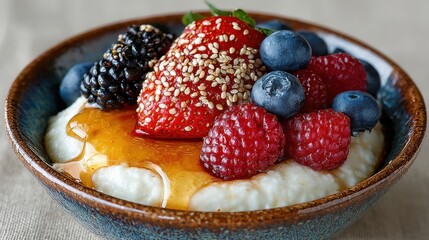 Close up of breakfast bowl with assorted berries and sesame seeds