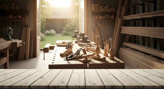 A Woodworking Workshop Tools and Timber in a Sunlit Carpenter's Paradise
