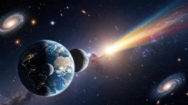 cosmic scene displays Earth with its Moon and celestial body A brilliant multi-colored comet streaks across the star-filled dark expanse flanked by two distant spiral galaxies