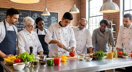 Diverse Chefs Teamwork A Culinary Class Prepares Delicious and Healthy Cuisine Together