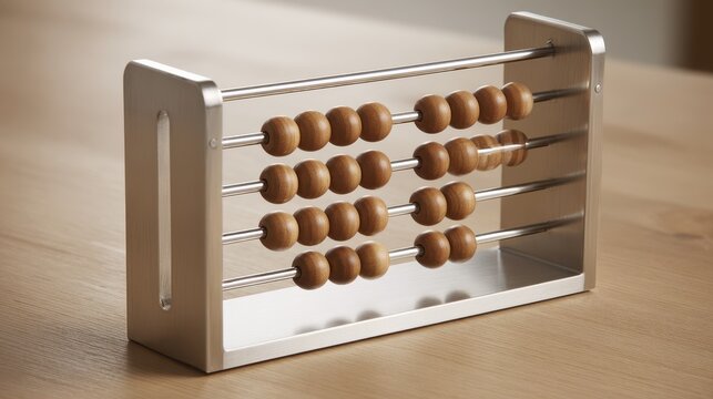 Close up of gleaming stainless steel abacus with wooden beads