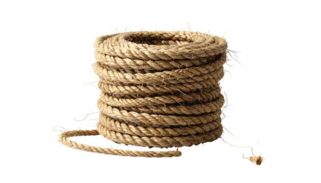 Spool of coiled, thick, natural rope with a textured surface