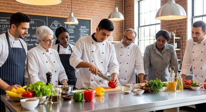 Diverse Chefs Teamwork A Culinary Class Prepares Delicious and Healthy Cuisine Together - Powered by Adobe