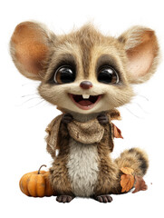Fototapeta premium Cute fluffy cartoon mouse with big eyes and a pumpkin, isolated on transparent background