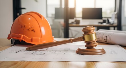 Construction Law Hard Hat, Gavel, Blueprints Representing Building Regulations and Safety