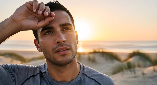 Sweaty Man Wipes Brow After Workout on Beach at Sunset, Focus on Effort, Determination and Health