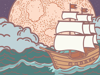 Sailboat adventure under the moonlight, perfect for children's storybooks, nautical themes, and whimsical designs, creating a sense of wonder and discovery
