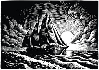 Dramatic sailing ship artwork on stormy seas, evoking adventure and maritime history with a vintage nautical feel and artistic linocut style