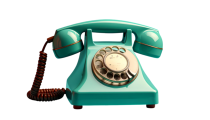 Teal vintage rotary phone with brown cord