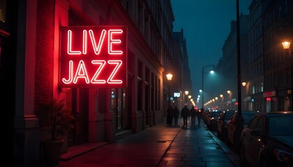 Bright red neon sign displaying Live Jazz lights up a city street, capturing the essence of a vibrant jazz music scene
