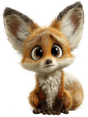 Obraz premium Sad cartoon baby fox with big eyes and fluffy fur, sitting and looking down, isolated on transparent background